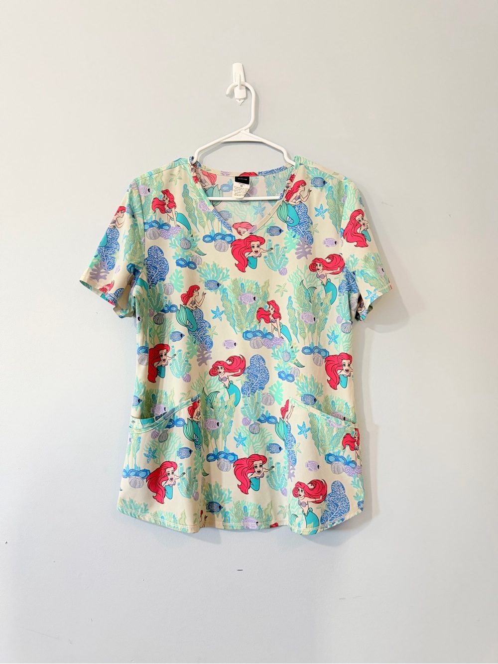 Disney Ariel Print Short Sleeve Scrub Top - Red & Aqua